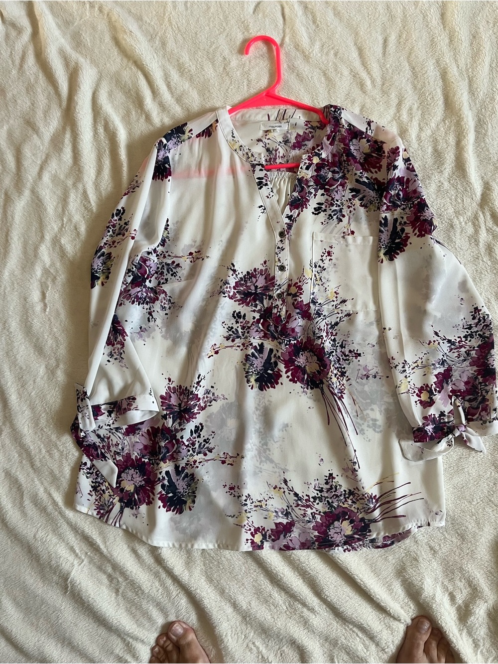 Maurices White Blouse with Plum Floral Print
